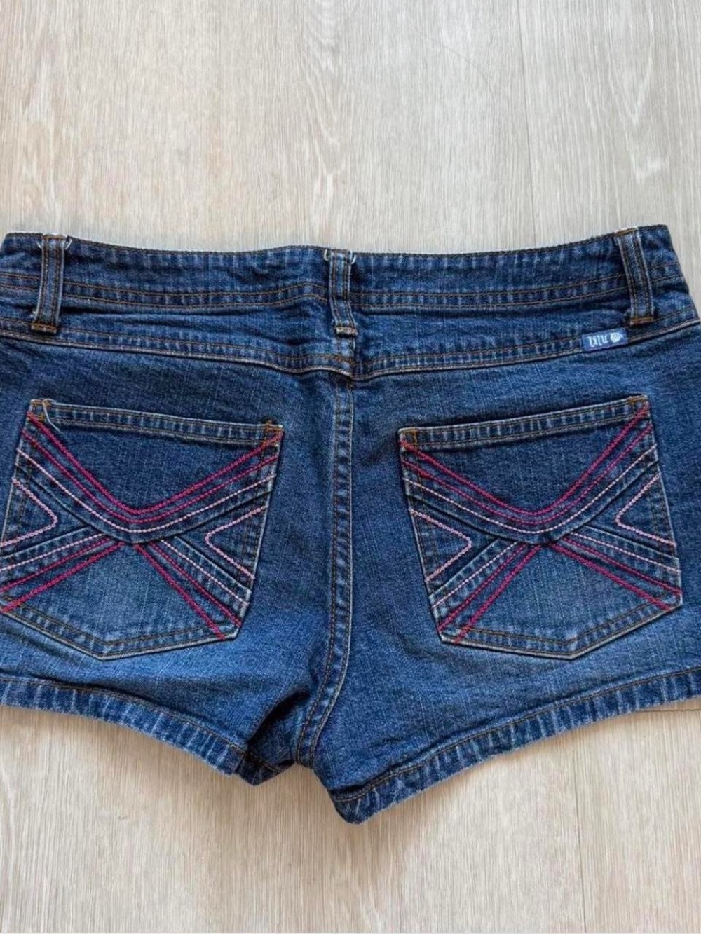 Lulu's Dark Blue Denim Jean Shorts with Pink & White Back Pocket Stitching